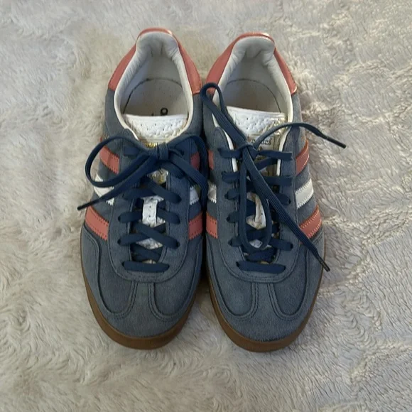 Adidas Gazelle Suede Blue w/Pink & White Stripes Sneakers - Picture 2 of 16